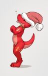 anthro christmas christmas_clothing christmas_headwear clothing female hat headgear headwear hi_res holidays invalid_tag jewelry kobold necklace red_body santa_hat simple_background slowderpyguy solo tongue tongue_out