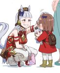  3girls animal_ears backpack bag blunt_bangs boots bow bowtie brown_bag brown_hair doll dress ear_bow from_side gold_ship_(umamusume) green_footwear grey_hair hair_bow headpat high_heel_boots high_heels holding holding_doll holding_letter horse_ears horse_girl horse_tail koppe_koppe letter long_hair multiple_girls original pantyhose pillbox_hat purple_bow purple_eyes red_bow red_bowtie red_dress simple_background sleeveless sleeveless_dress smile squatting tail umamusume white_background white_footwear white_pantyhose 