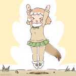  1girl animal_ears arms_up black-tailed_prairie_dog_(kemono_friends) bow bowtie brown_background brown_hair cardigan coroha extra_ears full_body jumping kemono_friends looking_at_viewer prairie_dog_girl scarf shoes short_hair simple_background skirt solo tail thighhighs 