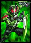  1boy animal_ears armor black_border border commentary_request desire_driver driver_(kamen_rider) fighting_stance foreshortening gears gradient_background green_armor green_background kamen_rider kamen_rider_geats_(series) kamen_rider_tycoon leaf masukudo_(hamamoto_hikaru) ninja ninja_buckle ninja_dueler raccoon_ears red_eyes reverse_grip sword tanuki upper_body weapon wind 