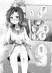  1girl bar_censor bare_arms blue_archive blush breasts censored clothes_lift dress dress_lift female_pubic_hair greyscale halo highres horns lifted_by_self long_hair monchan_rev3 monochrome navel open_mouth pubic_hair pussy_juice renge_(blue_archive) sailor_collar single_horn small_breasts speech_bubble tail translation_request 
