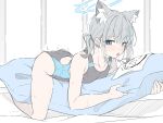  1girl animal_ear_fluff animal_ears ass bare_arms bare_legs bare_shoulders black_one-piece_swimsuit blue_archive blue_eyes blue_halo blush competition_swimsuit cross_hair_ornament doodle_sensei_(blue_archive) extra_ears grey_hair hair_between_eyes hair_ornament halo looking_at_viewer masabodo medium_hair mismatched_pupils one-piece_swimsuit open_mouth revision sensei_(blue_archive) shiroko_(blue_archive) shiroko_(swimsuit)_(blue_archive) solo swimsuit tongue tongue_out wolf_ears 