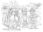  1boy 3girls animal_ears bird birdweon body_fur claws cliff extra_arms fake_horns faputa furry furry_female gabuurun glasses headlamp helm helmet highres horned_helmet horns made_in_abyss mechanical_arms mining_helmet monochrome monster_girl multiple_girls multiple_horns multiple_tails nanachi_(made_in_abyss) navel puffy_pants regu_(made_in_abyss) riko_(made_in_abyss) robot shorts tail tree whiskers whistle whistle_around_neck 