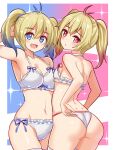  2girls adjusting_clothes adjusting_panties arm_behind_back arm_up back blonde_hair blue_eyes blue_hair bow bow_bra bow_panties bra breasts cleavage closed_mouth commentary cougar_(cougar1404) eye_glitter frilled_bra frilled_panties frills from_behind gradient_hair groin hair_tie light_frown looking_at_viewer looking_back medium_breasts medium_hair multicolored_hair multiple_girls navel open_mouth original panties pink_eyes pink_hair siblings small_breasts smile standing string_panties thighhighs twins twintails underwear underwear_only white_bra white_panties white_thighhighs 