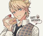  1boy black_necktie blonde_hair cake cake_slice collared_shirt dated dramatical_murder earrings food fruit hand_up happy_birthday highres holding holding_food jewelry long_sleeves looking_at_viewer male_focus meremero necktie open_mouth plaid plaid_vest shirt simple_background smile solo spiked_hair strawberry tan upper_body vest virus_(dramatical_murder) white_background white_shirt 