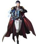  1girl black_hair book cape epaulettes fire_emblem fire_emblem:_thracia_776 fire_emblem_heroes gloves hair_slicked_back highres lightning non-web_source official_alternate_costume official_art red_cape reinhardt_(fire_emblem) reinhardt_(thrud_reborn)_(fire_emblem) solo tagme white_gloves 