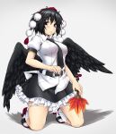  1girl belt black_hair black_wings blush breasts commentary_request covered_nipples geta hand_fan hat hauchiwa highres hip_focus kneeling leaf looking_at_viewer low_wings medium_breasts necktie panties panty_pull parted_lips pom_pom_(clothes) red_eyes revision satou_samu shameimaru_aya short_hair simple_background skirt solo tokin_hat touhou underwear white_background white_panties wings 