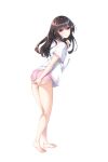  1girl ass bangs bare_legs barefoot braid brown_hair c: closed_mouth dolphin_shorts floating_hair from_side full_body game_cg hair_between_eyes hair_ornament highres inaba_usaki koiyasumi_~yuudachi_ni_nureta_osananajimi~ leaning_forward long_hair looking_at_viewer mayusaki_yuu micro_shorts pink_shorts red_eyes shiny shiny_hair shirt short_sleeves shorts single_braid smile solo standing tachi-e transparent_background white_shirt 