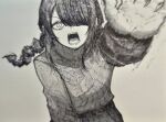  1girl braid chainsaw_man commentary_request epeulu_(ate5424) foreshortening greyscale hair_over_one_eye hatching_(texture) highres korean_commentary marker_(medium) monochrome motion_lines nayuta_(chainsaw_man) open_mouth sidelocks single_braid solo traditional_media turtleneck underwear 