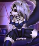  anthro breasts canid canine canis clothing colar digital_media_(artwork) female fur gloves handwear helluva_boss hi_res legwear loona_(helluva_boss) mammal piersing pinup pose solo stockings stronkfurry wolf 