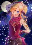  1girl ;d arm_behind_back arm_up au_ra bare_shoulders black_pants blonde_hair blue_eyes blurry blurry_background braid commentary_request commission depth_of_field earrings final_fantasy final_fantasy_xiv fingerless_gloves full_moon gloves horns jewelry kou_hiyoyo long_hair looking_at_viewer moon night night_sky one_eye_closed pants ponytail red_gloves red_shirt scales shirt sidelocks skeb_commission sky sleeveless sleeveless_shirt smile solo star_(sky) starry_sky 