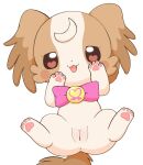 &lt;3 &lt;3_eyes anus azuo brooch brown_body brown_fur canid canine canis domestic_dog female feral fur genitals hi_res komugi_(precure) lying mammal on_back paws pink_bow plump_labia pretty_cure pussy simple_background solo tan_body tan_fur white_background