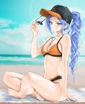  1girl arm_support bare_legs barefoot beach bikini blue_eyes blue_hair blue_sky breasts chaesu cleavage cloud commentary day hand_up highres holding holding_eyewear indian_style long_hair medium_breasts minah_(chaesu) navel ocean original ponytail sitting sky solo stomach sunglasses swimsuit thighs very_long_hair water whistle 