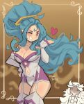  2022 2girls amazon_pandora bare_shoulders blue_hair breasts brown_background cleavage clothing_cutout hand_on_own_hip heart highres inset kap.o kid_icarus kid_icarus_uprising long_hair looking_at_viewer multiple_girls navel_cutout one_eye_closed palutena pandora_(kid_icarus) red_eyes signature 
