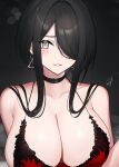  black_choker black_hair bra breasts choker cleavage commentary_request earrings grey_eyes hair_over_one_eye hayabusa highres jewelry lace-trimmed_bra lace_trim large_breasts original red_bra red_sweater_girl_(hayabusa) triangle_earrings underwear 