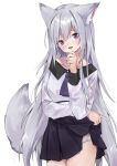  1girl animal_ears black_skirt clothes_lift fox_ears fox_girl fox_tail grey_hair high-waist_skirt highres lifted_by_self long_hair long_sleeves looking_at_viewer miniskirt original purple_eyes shirt skirt skirt_lift sweat tail very_long_hair waichi white_shirt 