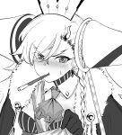  1girl blush breasts cloak das_(dan_dan) fate/grand_order fate_(series) food food_in_mouth fur-trimmed_cloak fur_trim greyscale highres horns huge_horns large_breasts long_hair long_horns looking_at_viewer monochrome olga_marie_animusphere pocky pocky_in_mouth single_horn solo u-olga_marie white_background 