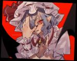  1girl bat_wings commentary grey_hair hat hat_ribbon looking_at_viewer marimo_tarou mob_cap pointy_ears purple_hair red_background red_eyes red_nails red_ribbon remilia_scarlet ribbon short_hair simple_background solo touhou twitter_username upper_body white_headwear wings wrist_cuffs 