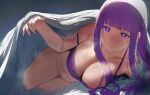  1girl :t bed_invitation blunt_bangs blush bra breasts cleavage closed_mouth come_hither commentary cover cut_bangs dress female_pubic_hair fern_(sousou_no_frieren) hews highres large_breasts long_hair looking_at_viewer nipple_slip nipples pout pubic_hair purple_eyes purple_hair purple_pupils sidelocks solo sousou_no_frieren straight_hair under_covers underwear 