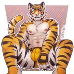 1:1 5_fingers anthro areola biped blush bulge claws clothing countershade_fur countershade_legs countershade_tail countershade_torso countershading epic_games fangs felid fingers fortnite fur male mammal mytigertail navel nipple_piercing nipples orange_body orange_fur oscar_(fortnite) pantherine piercing solo striped_body striped_fur stripes tail teeth tiger underwear