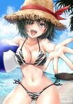  1girl absurdres animal_print ball beach beachball bikini blue_sky breasts cleavage cloud collarbone commentary_request cowboy_shot day eyepatch foreshortening green_eyes green_hair hat highres kantai_collection kiso_(kancolle) looking_at_viewer medium_breasts navel outdoors outstretched_arms palm_tree rock short_hair side-tie_bikini_bottom sky solo straw_hat swimsuit tiger_print tree waves yaegashi_(muzzuleflash) 