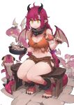  1girl absurdres ahoge barefoot bone bowl brown_shorts chicken_(food) commentary_request crop_top dragon dragon_horns dragon_wings food highres holding holding_bowl holding_food horns jun_(navigavi) long_hair looking_at_viewer midriff navel orange_tank_top original purple_hair short_shorts shorts sitting smile solo stomach tank_top thighs very_long_hair white_background wings yellow_eyes 