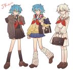  1boy alternate_costume bag blue_eyes blue_hair brown_footwear brown_jacket brown_serafuku brown_shirt brown_skirt cardigan closed_mouth crossdressing dramatical_murder full_body hair_between_eyes hand_up highres holding holding_bag jacket kneehighs loafers long_hair long_sleeves looking_at_viewer loose_socks meremero neckerchief pleated_skirt red_neckerchief ren_(dramatical_murder) sailor_collar school_bag school_uniform serafuku seragaki_aoba shirt shoes simple_background skirt smile socks standing variations white_background white_hair white_sailor_collar white_serafuku white_shirt white_skirt yellow_cardigan yellow_eyes 