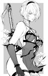  1girl 2b_(nier:automata) absurdres bandage_on_neck bandages bandaid bandaid_on_leg bare_shoulders breasts closed_mouth commentary_request cosplay frills gloves grey_background greyscale hair_ornament hairband highres kaine_(nier) kaine_(nier)_(cosplay) lips looking_at_viewer medium_breasts mole mole_under_mouth monochrome negligee nier nier:automata nier_(series) nishiii26miii short_hair sleeveless thighhighs thighs weapon 