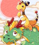  ampharos artist_name black_eyes blonde_hair brown_eyes colored_skin commentary_request dragon eastern_dragon forehead_jewel glint green_fur horns no_humans nostrils open_mouth pokemon pokemon_(creature) red_horns red_sun smile tail tansho yellow_skin 