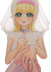  1girl bare_shoulders blonde_hair bridal_veil dress earrings goha_yuuna green_eyes hairband hand_grab highres jewelry long_hair looking_at_viewer necklace open_mouth out_of_frame pink_hairband ring simple_background veil wedding_dress wedding_ring white_background yu-gi-oh! yu-gi-oh!_go_rush!! yuzutaroman 