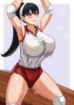  1girl armpits arms_up bangs black_hair blush bouncing_breasts breasts buruma collared_shirt commentary_request dripping elbow_pads floor gym_uniform hairband highres knee_guards large_breasts lips long_hair looking_up orange_eyes partial_commentary pleia_desu ponytail purple_background shirt spy_x_family steam sweat thighs volleyball wooden_floor yor_briar 