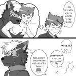 anthro bandaid_protagonist_(tas) bite bite_mark bite_mark_on_neck bite_mark_on_shoulder biting_another black_and_white canid canine canis comic dialogue domestic_dog dragokaizer666 duo human lifewonders male male/male mammal mob monochrome neck_bite speech_bubble tadatomo text tokyo_afterschool_summoners translated