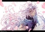  1boy arms_at_sides artist_name black_border black_shirt blurry blurry_foreground border closed_mouth dissolving dissolving_clothes earrings fate/grand_order fate_(series) floating_hair floral_dissolve flower flower_earrings hair_between_eyes jewelry letterboxed long_hair looking_at_viewer male_focus merlin_(fate) nekohanemocha outside_border petals pink_flower purple_eyes robe shirt simple_background skin_tight smile solo turtleneck twitter_username upper_body very_long_hair white_background white_hair white_robe 