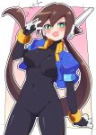  1girl absurdres aile_(mega_man_zx) black_bodysuit blush bodysuit bottomless breasts brown_hair buzzlyears cropped_jacket fang green_eyes highres jacket large_breasts long_hair looking_at_viewer mega_man_(series) mega_man_zx mega_man_zx_advent open_clothes open_jacket open_mouth ponytail robot_ears simple_background solo v 