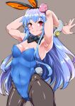  1girl absurdres animal_ears armpits arms_up black_bow black_bowtie blue_hair blue_leotard bow bowtie breasts cleavage closed_mouth cowboy_shot food fruit grey_background highres hinanawi_tenshi leotard long_hair medium_breasts momongaso_(twitter_artist) navel pantyhose peach rabbit_ears rabbit_tail red_eyes simple_background smile solo standing tail touhou wrist_cuffs 