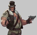  1boy bara beard_stubble belly copyright_request cowboy_shot double_chin dual_wielding fl_(l-fl) grin gun hat holding holding_gun holding_weapon jacket large_pectorals long_mustache looking_at_viewer male_focus muscular muscular_male mutton_chops official_art pectoral_cleavage pectorals plump short_hair smile solo strongman_waist thick_eyebrows top_hat weapon 