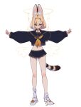  1girl animal_ears bandaid bandaid_on_knee bandaid_on_leg bell black_serafuku black_shirt black_skirt blonde_hair blush choker drawn_halo drawn_wings earrings full_body hair_behind_ear hair_between_eyes halo highres jewelry kemono_friends looking_at_viewer midriff miniskirt mole mole_on_neck mole_on_stomach mole_under_eye multicolored_hair navel neck_bell neckerchief notora paw_print sailor_collar school_uniform serafuku serval_(kemono_friends) shirt shoes simple_background skirt sleeves_past_wrists smile sneakers socks solo sparkle streaked_hair t-pose tail untied_footwear white_background white_footwear white_hair white_socks yellow_choker yellow_eyes yellow_neckerchief 