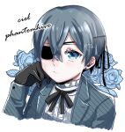  1boy bishounen black_gloves black_ribbon blue_flower blue_hair blue_jacket character_name ciel_phantomhive closed_mouth earrings expressionless eyepatch flower gloves hair_between_eyes hand_on_own_cheek hand_on_own_face highres jacket jewelry kodona kuroshitsuji lolita_fashion ribbon rojineco_nene shirt short_hair solo upper_body victorian white_shirt wing_collar 