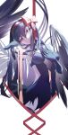  1girl absurdres akemi_homura akuma_homura bangs black_dress black_gloves black_hair bow bow_hairband dress elbow_gloves gloves hair_between_eyes hair_bow hairband head_tilt highres long_hair looking_at_viewer mahou_shoujo_madoka_magica outstretched_arm parted_lips purple_thighhighs red_bow red_eyes red_hairband revealing_clothes set_xshiver sleeveless sleeveless_dress solo standing thighhighs very_long_hair wings 