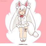  1girl animal_ears arms_up bow bowtie coroha extra_ears fox_ears fox_girl fox_tail full_body gloves jacket jumping kemono_friends long_hair looking_at_viewer oinari-sama_(kemono_friends) pink_background ribbon simple_background skirt solo straight_hair tabi tail white_hair zouri 