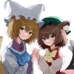  2girls :3 absurdres animal_ears bloom bow bowtie brown_eyes brown_hair cat_ears cat_tail chen closed_mouth commentary_request dress fox_ears fox_tail from_side green_headwear hair_between_eyes hands_up hat highres interlocked_fingers light_brown_hair light_smile looking_at_viewer mikan_(manmarumikan) mob_cap multiple_girls multiple_tails nekomata red_vest short_hair simple_background tabard tail touhou two_tails upper_body vest white_background white_bow white_bowtie white_dress white_headwear wide_sleeves yakumo_ran 