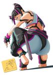  1girl ass automatic_giraffe bare_shoulders black_hair breasts fingerless_gloves gloves grin hair_horns hair_over_one_eye han_juri highres looking_at_viewer looking_back purple_eyes simple_background smile solo spikes street_fighter street_fighter_6 street_fighter_iv_(series) tiptoes toeless_footwear white_background 