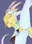 anthro anus azaries_amnera blonde_hair bodily_fluids bottomwear breasts butt clothed clothing cum cum_inside digital_media_(artwork) dragon eyelashes female genital_fluids genitals grey_body grey_scales hair heralds_of_the_avirentes hi_res horn looking_at_viewer nipples purple_eyes pussy raised_bottomwear raised_clothing raised_leg raised_skirt raised_tail scales scalie simple_background skirt smile solo tail tongue topless wanderertamplior western_dragon