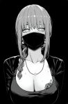  absurdres black_background blush braid braided_ponytail breasts chainsaw_man chest_tattoo cleavage earrings flower_tattoo greyscale highres jewelry large_breasts makima_(chainsaw_man) mask monochrome mouth_mask necklace ninja_mask portrait ringed_eyes sweat swept_bangs tagme tattoo zovokia 