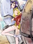  1girl absurdres breasts cowboy_bebop crop_top faye_valentine green_eyes hairband highres jacket lipstick makeup pointy_nose purple_hair red_jacket science_fiction shirt shorts solo tobalin white_footwear yellow_hairband yellow_shirt yellow_shorts 