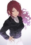  1girl alternate_costume black_jacket breasts buttons closed_mouth commentary_request drill_hair fingernails floating_hair hand_on_own_hip isa_(peien516) jacket kirijou_mitsuru lips long_hair long_sleeves looking_at_viewer medium_breasts pants persona persona_3 pink_lips red_eyes red_hair scarf solo very_long_hair white_pants white_scarf 