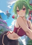  1girl alternate_costume bare_shoulders black_shorts blurry blurry_background body_markings breasts cloud cloudy_sky commentary genshin_impact green_hair hair_between_eyes hair_ribbon highres kangbus kuki_shinobu large_breasts leaning_forward midriff navel no_mask ponytail purple_eyes purple_sports_bra red_ribbon ribbon shorts sky solo sports_bra sportswear standing stomach stomach_tattoo sweat tattoo torii 