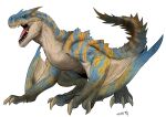  claws digitigrade dinosaur dragon facing_to_the_side full_body gegegekman horns monster monster_hunter_(series) nostrils open_mouth scales sharp_teeth signature simple_background solo striped tail teeth tigrex white_background wings wyvern yellow_eyes 