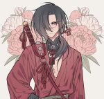  1boy absurdres bishounen black_hair closed_mouth dramatical_murder floral_background flower hair_over_one_eye highres japanese_clothes katana kimono koujaku long_hair long_sleeves looking_at_viewer low_ponytail male_focus meremero pectorals red_eyes red_flower red_kimono red_ribbon ribbon scar scar_on_face sheath solo sword tassel upper_body weapon weapon_on_back 
