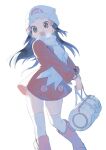  bag beanie blue_hair boots brown_eyes dawn_(pokemon) dress hat highres odashi_(namiri) over-kneehighs pink_footwear poke_ball_symbol pokemon poketch scarf simple_background socks thighhighs watch white_scarf white_socks wristwatch 